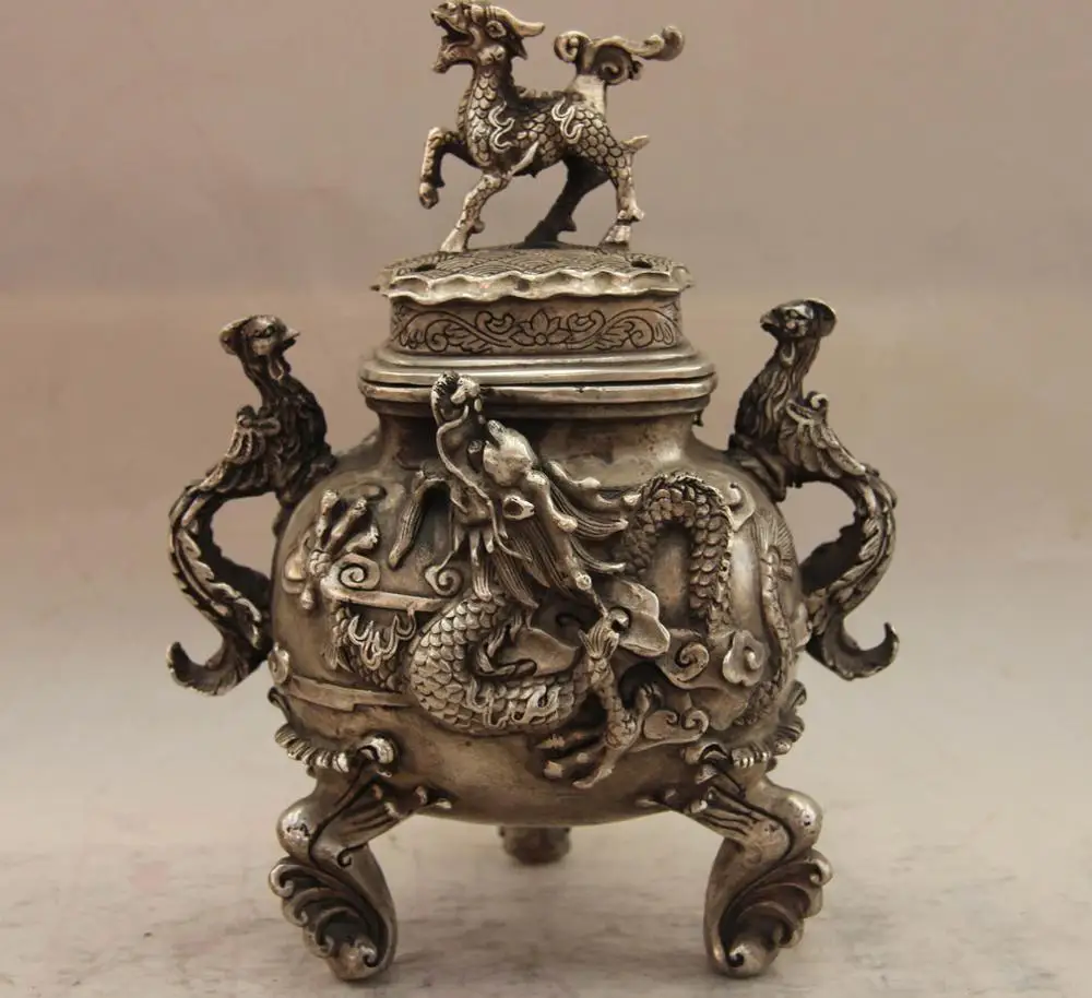 

China White Copper Silver Dragon Phoenix kylin unicorn Incense Burner Censer