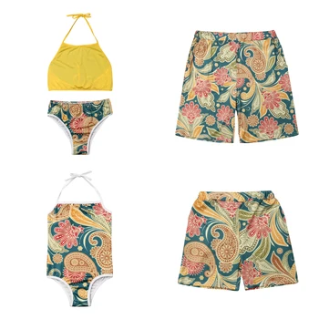 

Summer Yellow Floral Print Family Parent-child Swimsuit Men Women Bikini Beach Party Swimwear New