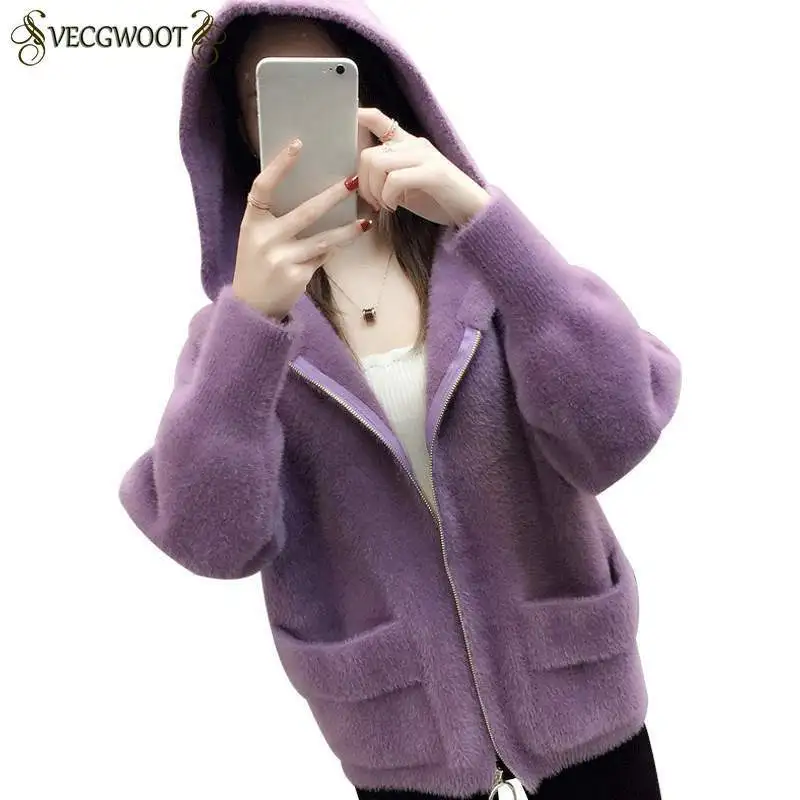 

2019 Woman New Autumn And Winter Sweater Coat Loose Hooded Solid Color Knit Cardigan Large Size Long Sleeve Sweater Coat UX92