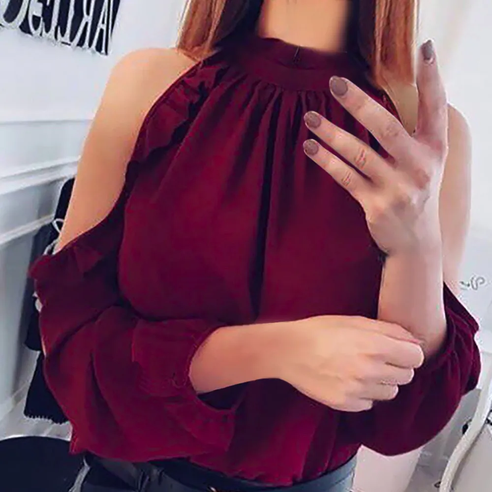 

2019 Women Fashion Solid Ruffles Full Sleeve Ruffled Collar Tops Blouse 0710