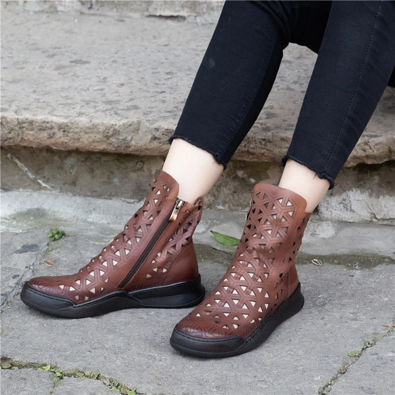 

Women Leather Boots Sandal Flat Heels Summer Shoes Hollow Out Ankle Boots Women Handmade Genuine Leather Gladiator Martin Boots