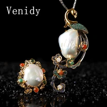 Venidy Baroque Vintage Pearls Ring/Necklace Jewelry Sets for Women Bridal Classic High Quality Tourmaline Jade Pearl Necklace