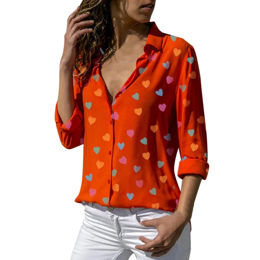 Женская блузка с v-образным вырезом и принтом в виде сердечек, топы с длинным рукавом, новинка, blusas mujer de moda, повседневная женская блузка