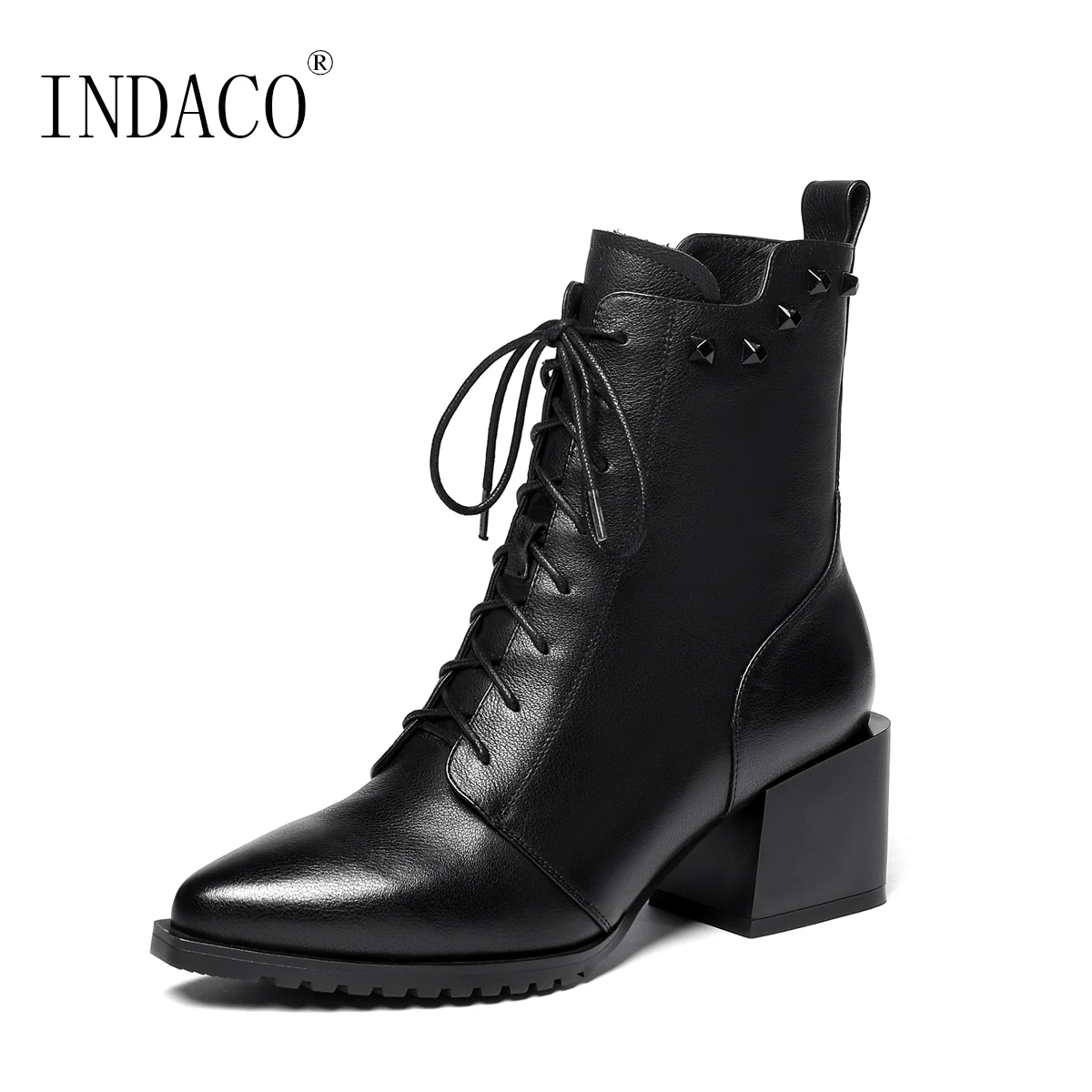 

Rivets Leather Boots for Women Thick Heel Lace Up Fashion Winter Shoes Women 5.8cm Botte Hiver Femme