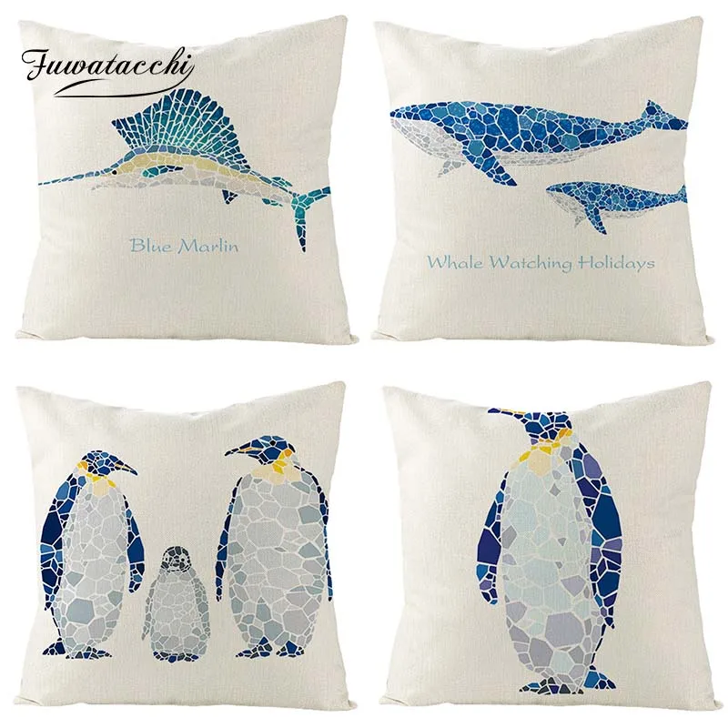 

Fuwatacchi 100% Pure Linen Cushion Cover Natural Creatures Penguin Tuna Blue Whale Throw Pillow Cover Cartoon Animal Pillowcases