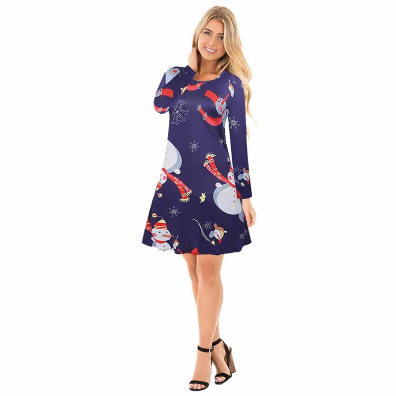 

Womens Vintage Snowman Christmas Printed Ladies Long Sleeve Dress Xmas Dress Blue M