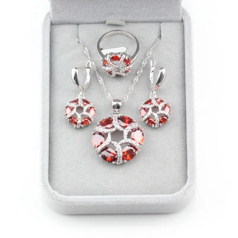 

925 Sterling Silver Bridal Wedding Costume Jewelry Sets For Women Hollow Round Red Zircon Earrings/Pendant/Necklace/Ring A98