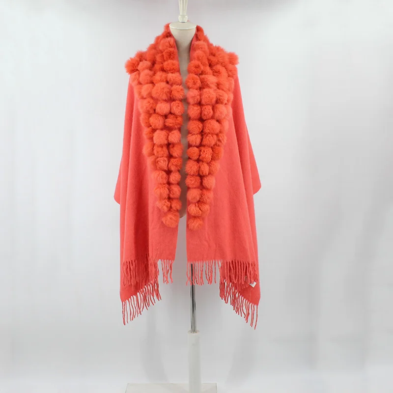 100% sheep fur cashmere shawl with real rabbit fur balls (22)