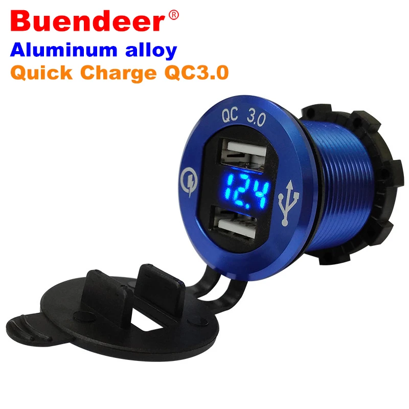 Buendeer Quick Charge QC3.0 Car Motorcycle Dual USB Power Socket Adapter For Huawei HTC with LED Display Dustproof Cover Design |