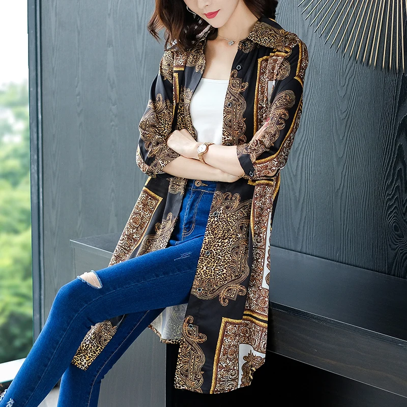 Brand Long Cardigan 2019 Spring Fall Women New Casual Print Lapel European Style Loose Wild Female |