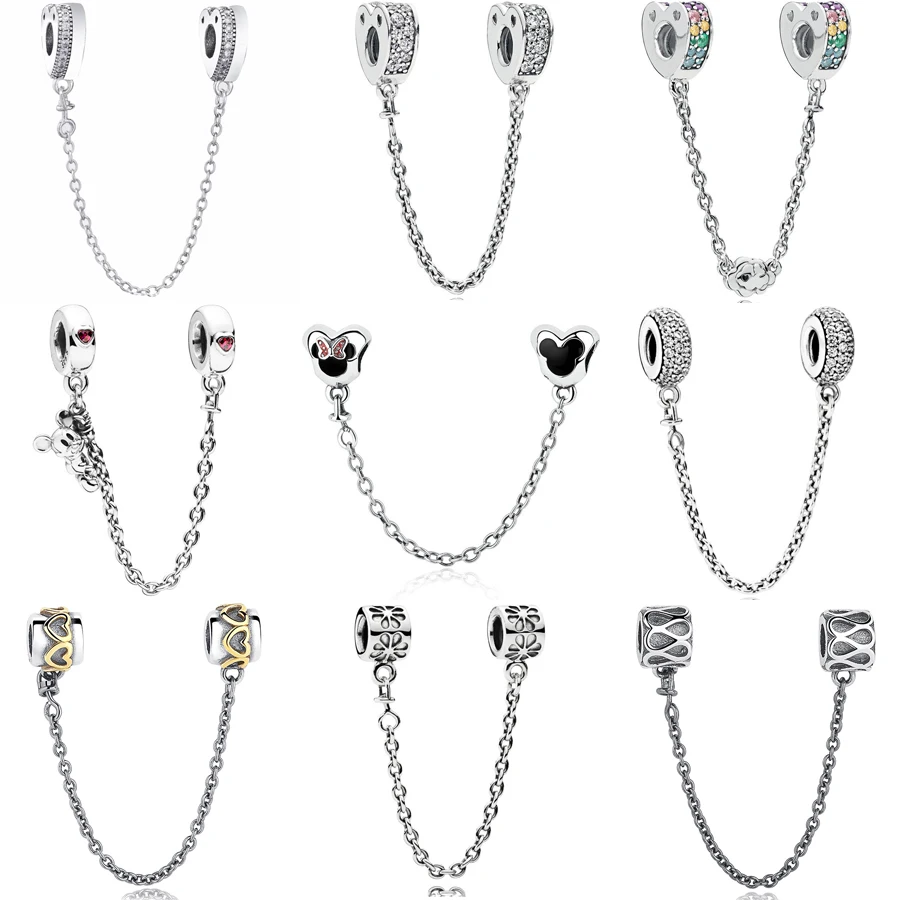 

2018 New Bracelet Heart Safety Chain 925 Sterling Silver Mickey Safety Chain charm Fit pandora Bracelet LOVE charm DIY Jewelry