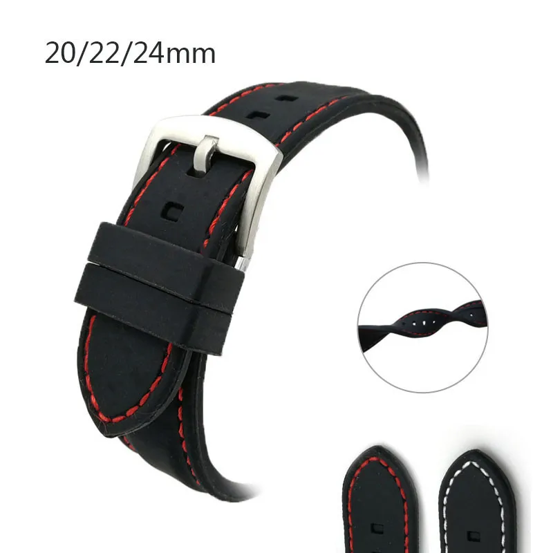 

20/22/24mm Silicone Watch Strap Black Casual Sports Watch band Replacement Wristband For Men And Women Gifts White/Red Line