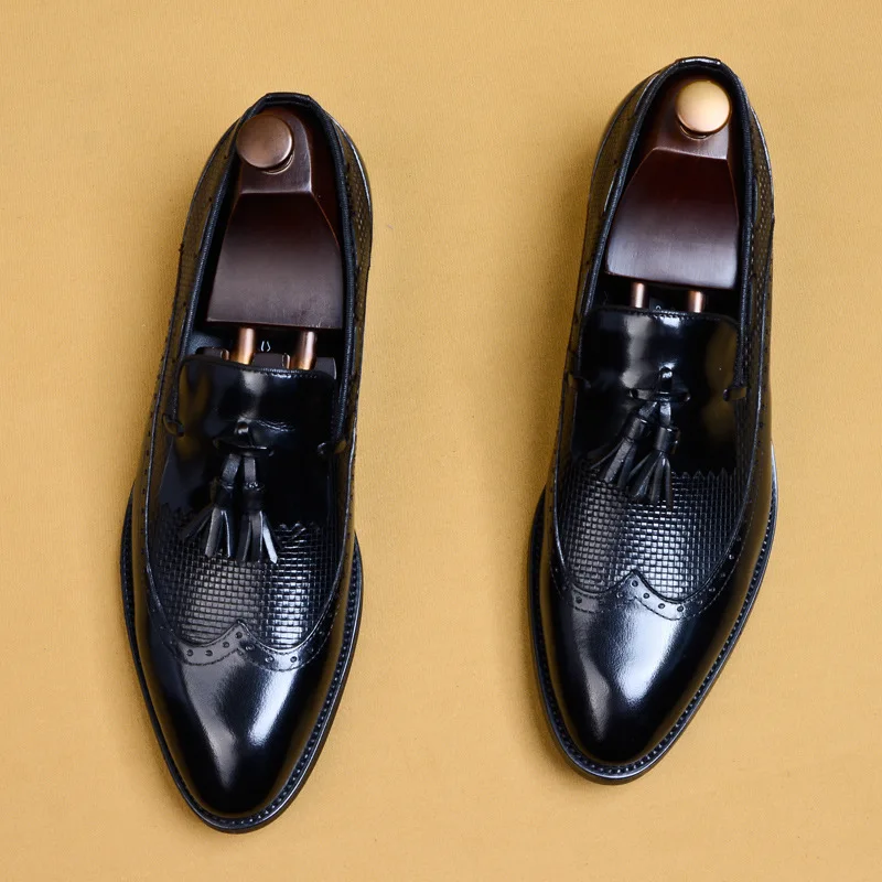 QYFCIOUFU/Модная официальная обувь с перфорацией типа «броги» и бахромой; Мужские модельные туфли с острым носком; дышащие свадебные туфли из натуральной кожи для жениха; размеры США 11,5
