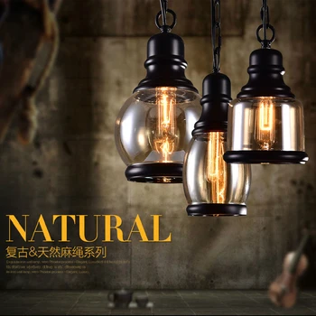 

LOFT retro hemp rope glass pendant light bar single head bar restaurant hang lamp
