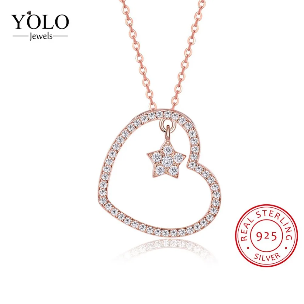 

Silver Necklace with Fashion Design and Rose Gold Color Heart Shape Cubic Zirconia Pendant Necklace for Women Wedding Jewelry