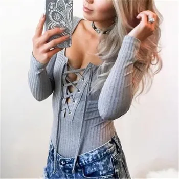 

Trendy Women Casual Bodysuit Lace Up V-Neck Long Sleeve Bandage Polyester Bodysuits Bodycon Solid Jumpsuits one pieces