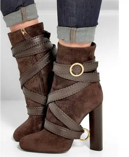 

Autumn Winter Warm Women Fashion Boots Belted Suede Leather Ankle Boots Round Thick High Heels Pumps Boots Shoes Free Shipping