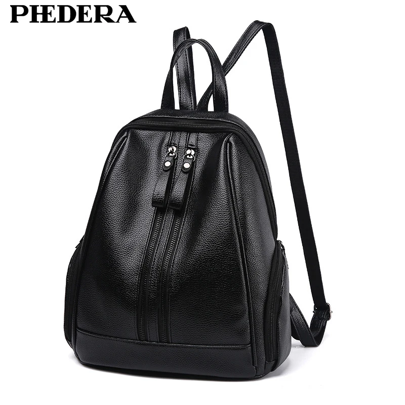 

PHEDERA Fashion Women Backpacks Bag Korean Style Female Rucksack High Quality PU Leather Black Back Pack for Teenagers