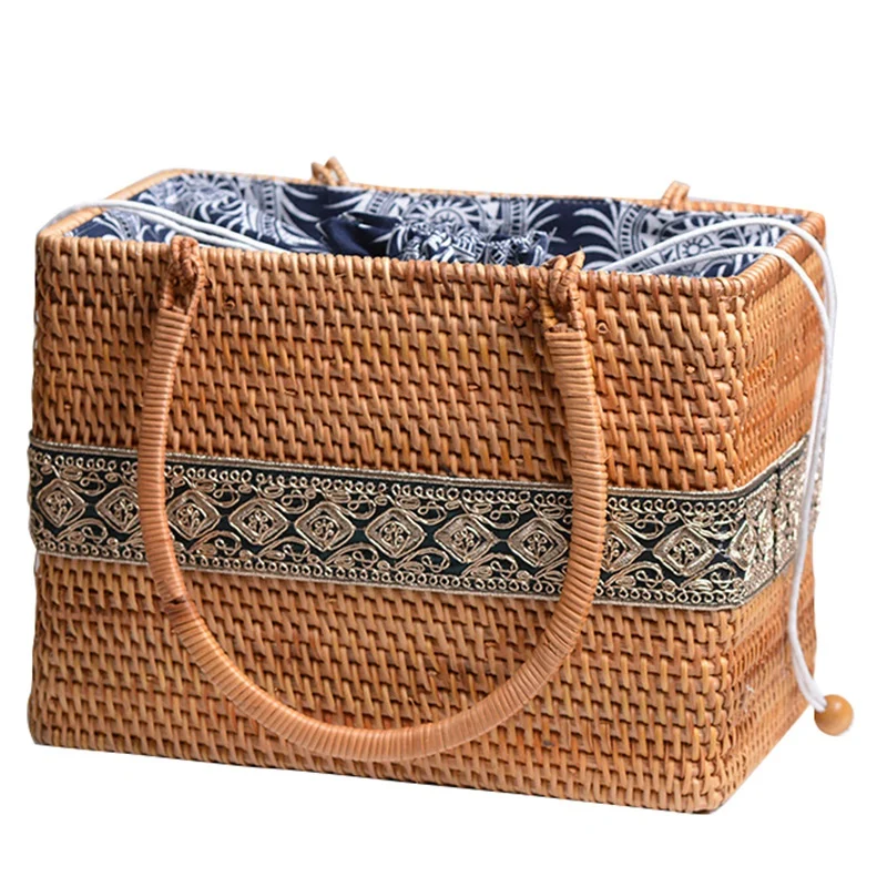 

FGGS-Women Vintage Straw Bag Female Handmade Weave Handbag Bohemian Ladies Rattan Basket Travel Summer Beach Drawstring Tote