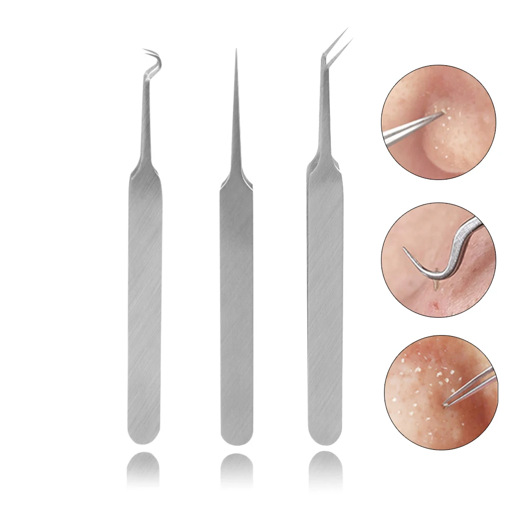 

3 Pcs Practical Acne Needle Tweezers Kit Blackhead Pimples Removal Pointed Bend Gib Head Face Care Tools Comedone Acne Extractor