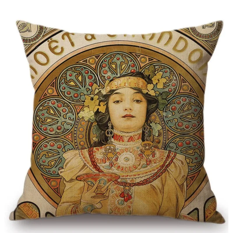 Vintage Nordic Art Nouveau Mucha Gallery Cushion Cover Decorative Sofa Pillow Cover Beauty Girl Cotton Linen Pillows