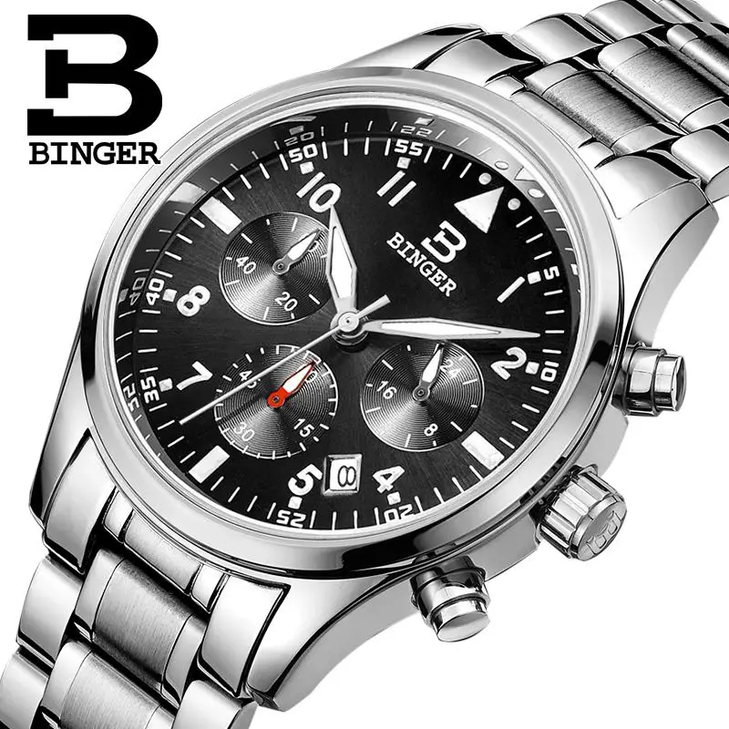Switzerland BINGER men's watches luxury brand Quartz waterproof full stainless steel Chronograph Stop Watch Wristwatches B9202-2 |
