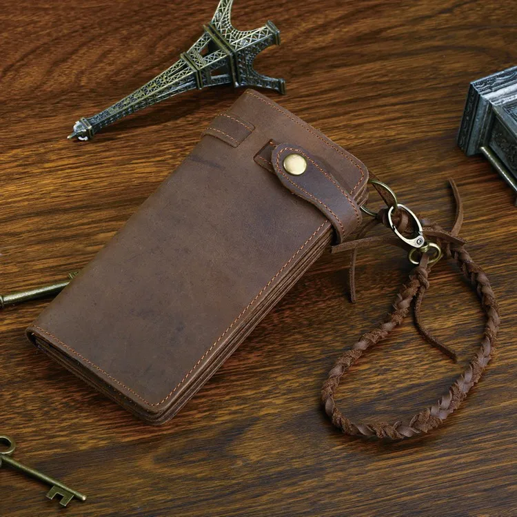 Vintage Long Size Dark Brown Real Genuine Leather Men Wallets Cowhide Crazy Horse Leather Men