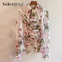 TWOTWINSTYLE, шифоновая блузка с принтом, женская, с цветочным рисунком, с оборками, из кусков, с расклешенными рукавами, летняя рубашка, топы, Женская мода, OL одежда