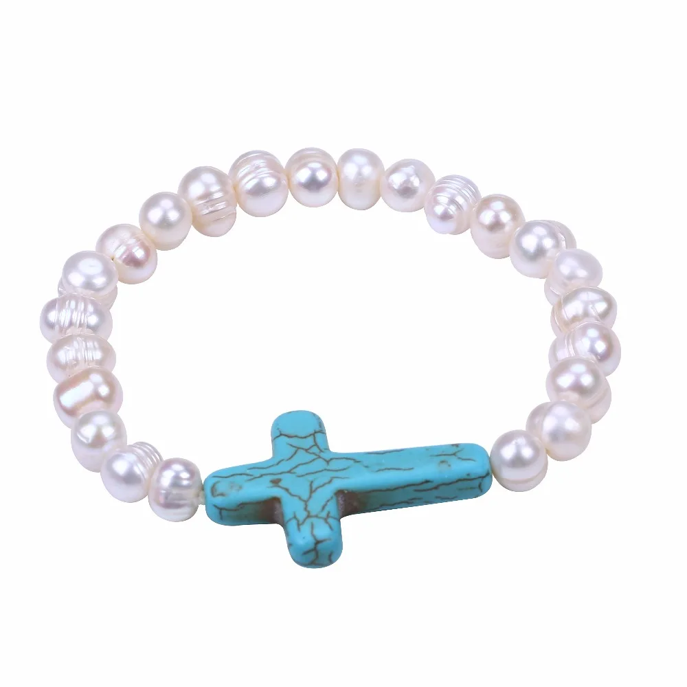 

Cross Natural Blue Stone Beads Real Pearl For Women Bracelets For Gifts