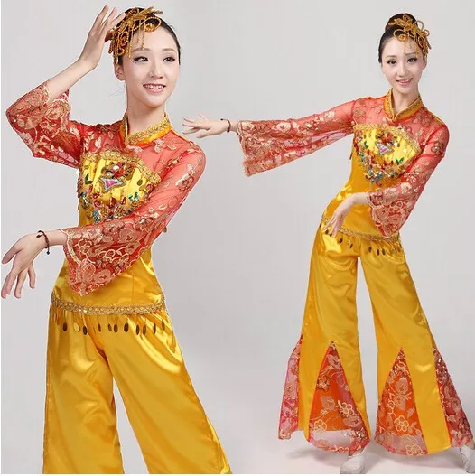 Chinese traditional costumes yangko waist drum fan dance clothing group dance stage performance classical dance costume