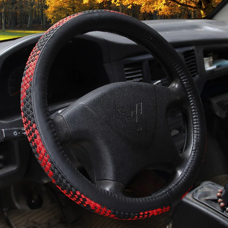 

KKYSYELVA Leather Steering Wheel Covers for Car Bus Truck 36 38 40 42 45 47 50cm Diameter Auto Steering-wheel cover