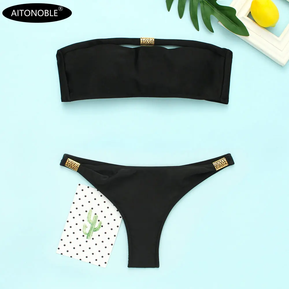 

2019 NEW WOMEN SWIMWEAR TWO PIECES BIKINI SEXY BANDEAU AND BRAZILIAN WITH METAL TRIMS GIRL BEACHWEAR