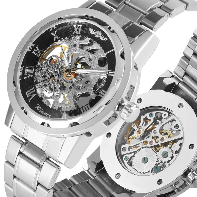 

Automatic Watch Stainless Steel Skeleton Mechanical Watches Hand-winding Steel Skeleton Clock Men reloj automatico de hombre