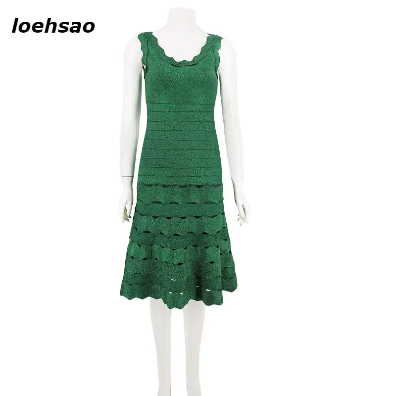 

Elegant Fashion Women Bandage Dress Vestido Green jacquard gilding O Neck Ruffles Wedding evening Club dresses summer dress