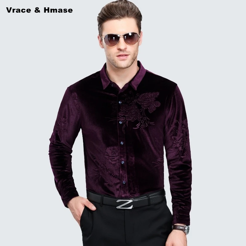 

Gold velvet high-end luxury soft comfortable quality long sleeve shirt Autumn 2018 New fashion casual embossing men shirt M-XXXL