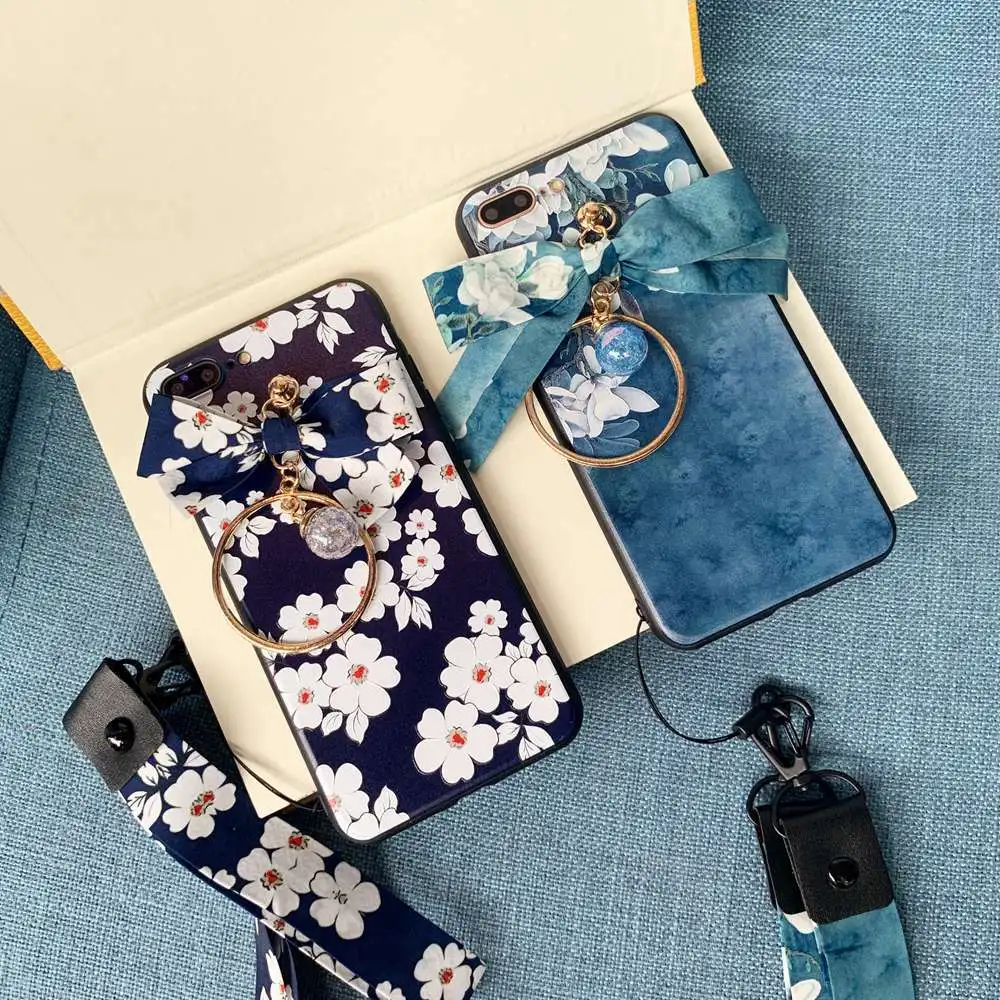 KISSCASE Girly Chic Flower Print Case For iPhone X XS XR MAX Protective film Bow Ring Rope for 6 6S 7 8 Plus Capa |