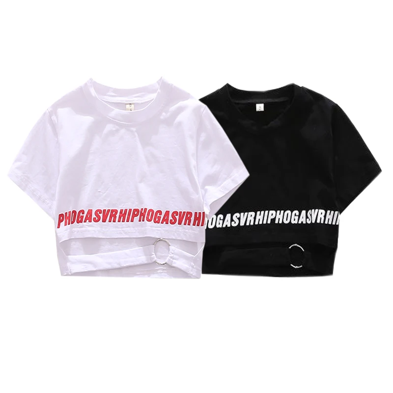 

Kids Black White Summer Fashion Cropped Short Sleeve Top T-shirt For Girls Cotton European Teen Girls Tees Shirts Size 14