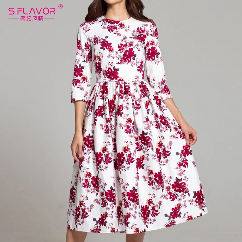 S.FLAVOR Elegant O Neck Mid Calf Women Dress 3/4 Sleeve Bohemian Floral ...