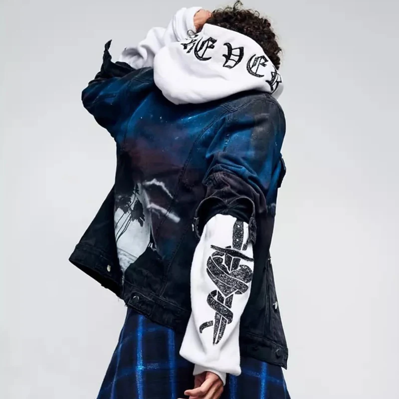 Mens Graffiti Denim Jackets Streetwear 2020 Hip Hop Casual Patchwork Ripped Distressed Punk Rock Hole Jeans Coats