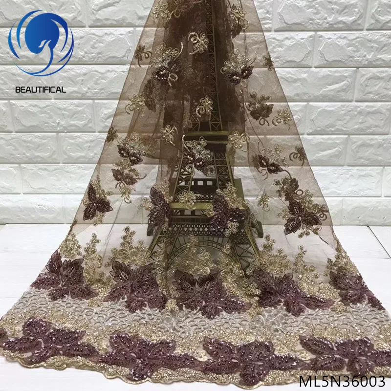 

Beautifical nigerian lace fabrics embrodery handcrafted beaded net lace fabric Top sale african lace fabric with sequins ML5N360