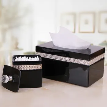 

Luxurious Resin Cotton swab box-Black Square Toothpick Storage Box with Crystal Rhinestone Cotton Tissue Box Home Accessories