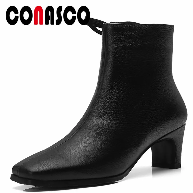 

CONASCO 1Fashion Women Ankle Boots Autumn Winter Warm High Heels Shoes Woman Genuine Leather Square Toe Office Lady Basic Boots