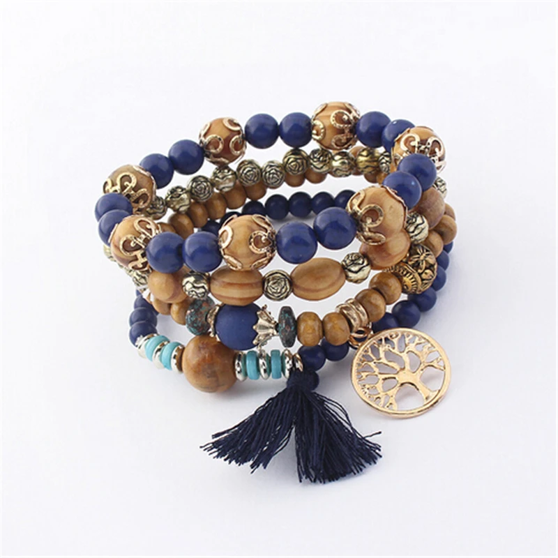 

ZOSHI Bohemian Multilayer Colorul Natural Stone Wood Beads Bracelet Life Tree Pendant Tassel Elastic Bracelets Bangles for women