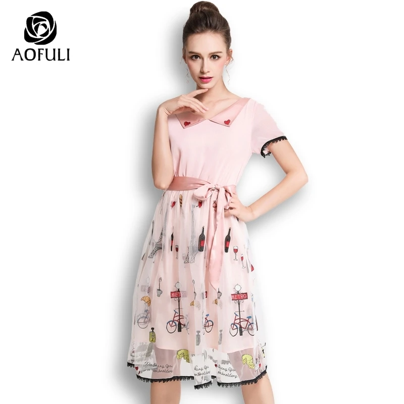 

AOFULI Elegant Cartoon Embroidery Tulle Dress Summer Bow Tie Mesh Pink Party Dresses For Ladies Plus Size L- XXXL 4XL 5XL A3616