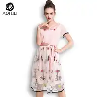 AOFULI Elegant Cartoon Embroidery Tulle Dress Summer Bow Tie Mesh Pink Party Dresses For Ladies Plus Size L- XXXL 4XL 5XL A3616