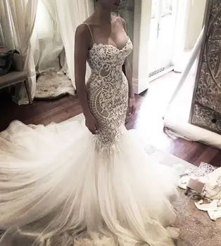 

Sexy Backless Wedding Dress Lace Pattern Spaghetti Straps Tulle Skirt Mermaid Bridal Dresses Long Charming vestidos de novia