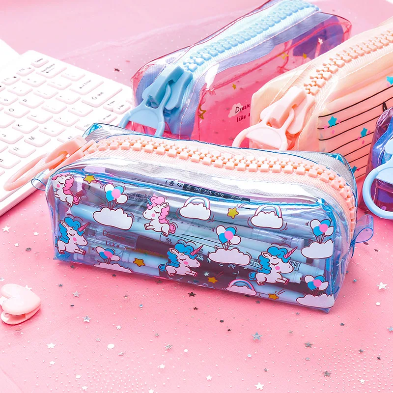 

Creative Big Zipper Pencil case Kawaii Unicorn Large Capacity Pencil Bag PVC Transparent Box Cute School Stationery Etui