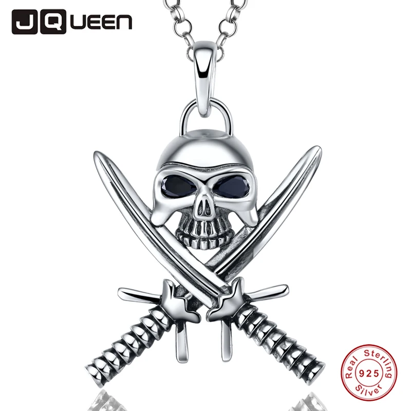 

Punk Men Necklace 925 Sterling Silver Gothic Double Knife Skelet Pendant Necklace for Man with Black Spinel 16/18 inch with box