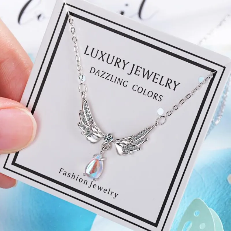 

Temperament Exquisite New Fashion Angel Wings 925 Sterling Silver Jewelry Moonstone Wild Clavicle Chain Pendant Necklaces H365