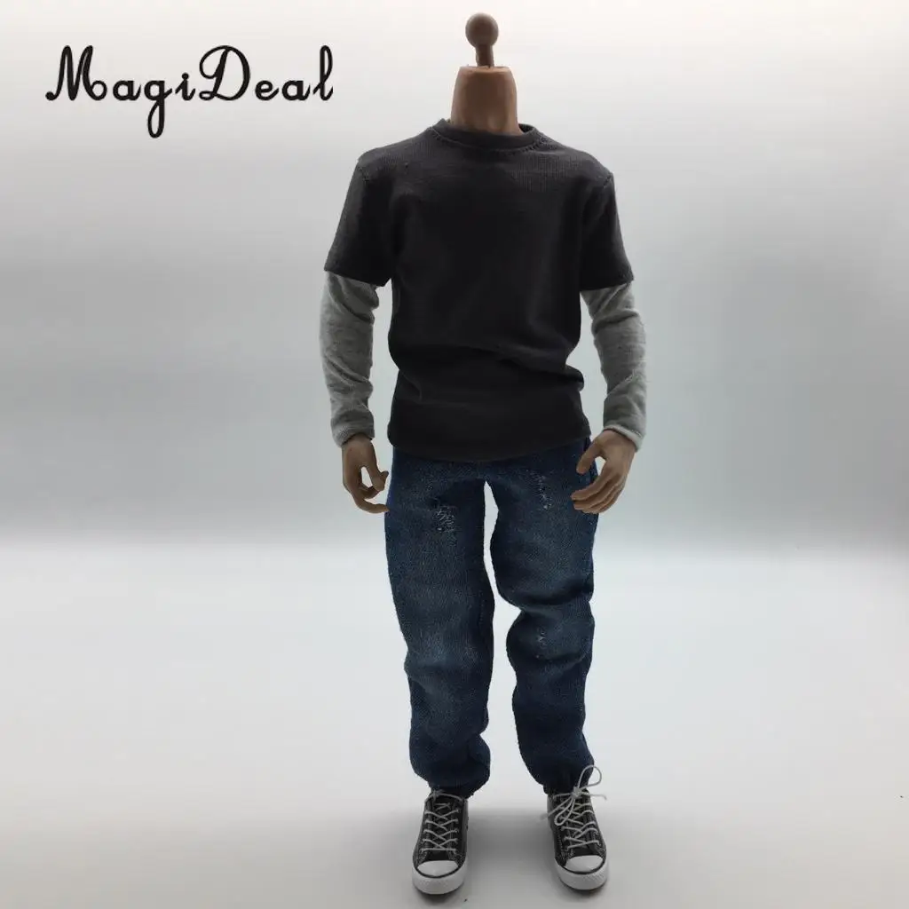 MagiDeal Cloth 1/6 Scale Mens Clothes Dark Gray Long T-shirt Denim Jeans Canvas Shoes Set for 12 Inch Male Action Figures Body